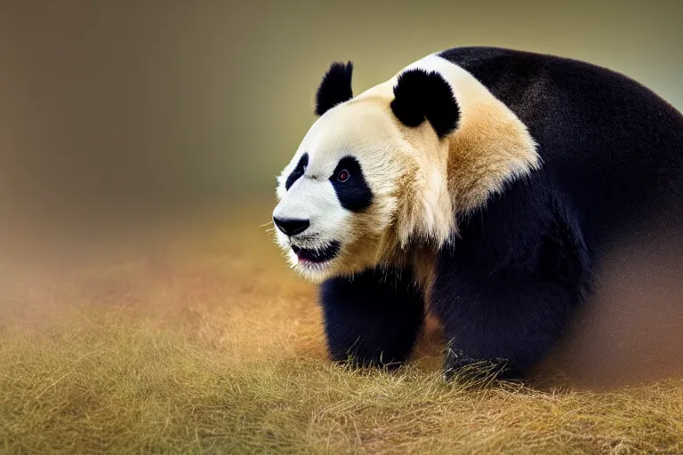 Prompt: a panda lion!!! hybrid! hyper realistic!! realistic lighting!! wildlife photographer of the year!!! bold natural colors, national geographic, hd, wide angle, 8 k