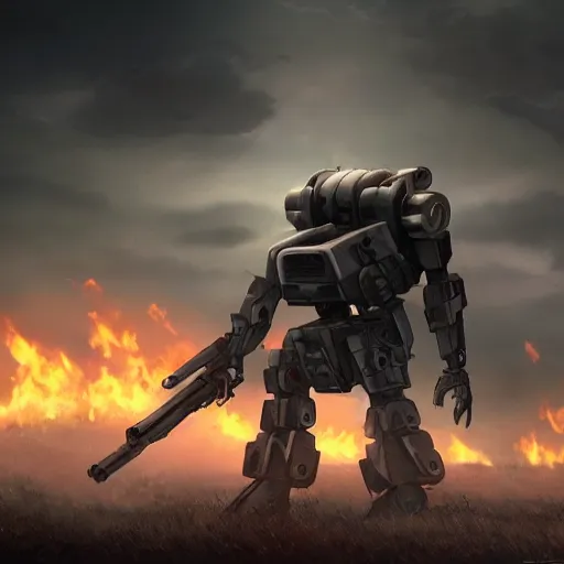 Image similar to a mech with guns on each arm preparing for combat, battlefield, dead trees, fire, smoke, dark clouds, slightly sunny, ominous, intense, epic, extremely detailed, cinematic lighting, studio ghibli, anime,