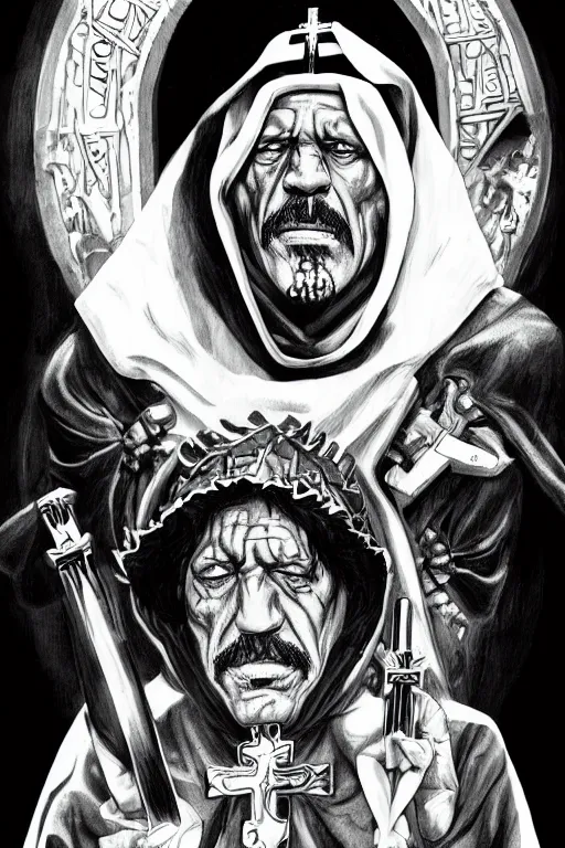 Image similar to Danny Trejo as church nun, dark fantasy, highly detailed, artstation, manga illustration by Kentaro Miura berserk