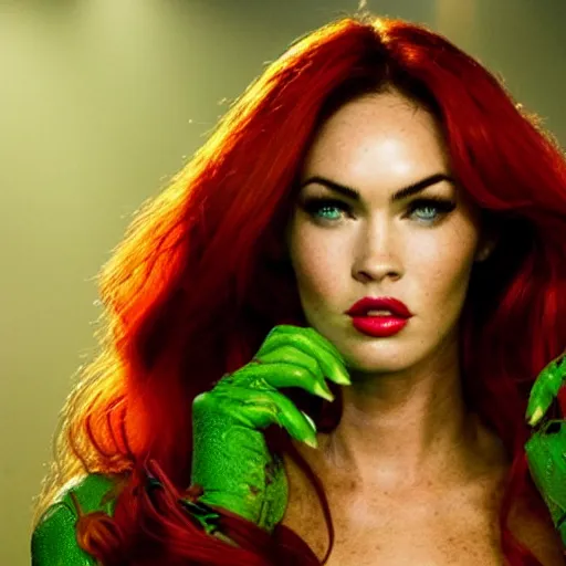 Image similar to stunning awe inspiring megan fox as poison ivy, movie still 8 k hdr atmospheric lighting