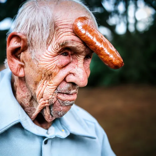 Image similar to An elderly man with sausages in his ears, Canon EOS R3, f/1.4, ISO 200, 1/160s, 8K, RAW, unedited, symmetrical balance, in-frame