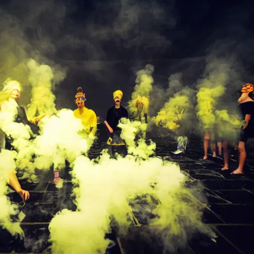 Image similar to a group of people breathing in yellow smoke, floating, possessed, euphoric, surreal, dreamy