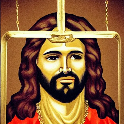 Image similar to jesus as a gangsta, golden chains, golden teeth, making a v with his hand