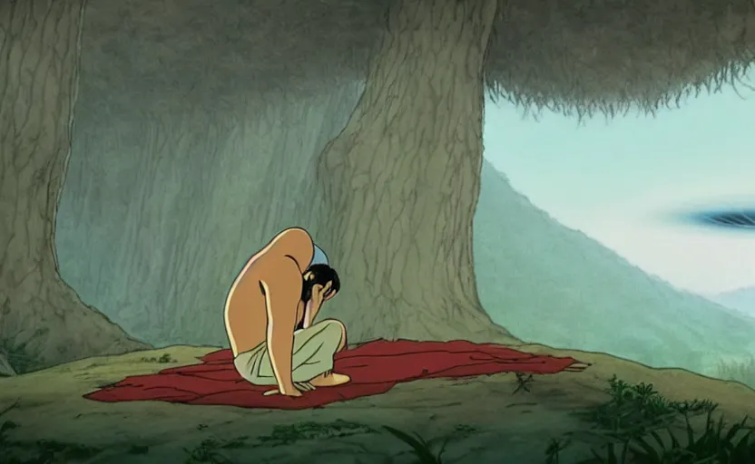 Image similar to a cell - shaded cartoon movie still from princess mononoke ( 1 9 9 7 ) of a middle eastern imam kneeling in prayer. a golden ufo is in the sky. very dull muted colors, hd, 4 k, hq