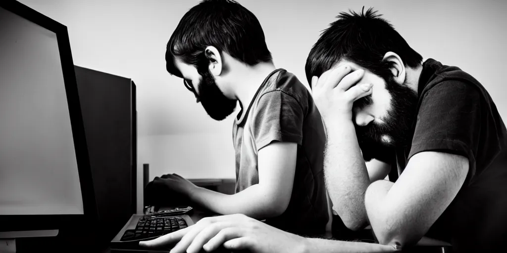 Prompt: black and white photo of hangover man behind computer and sad kid near the man