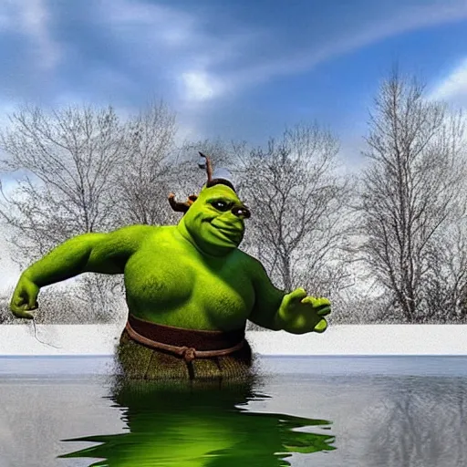 Prompt: OH MY GOD! OH MY GOD RUN, THERE'S A SHREK IN THE LAKE! I REPEAT, THERE'S A SHREK IN THE LAKE!