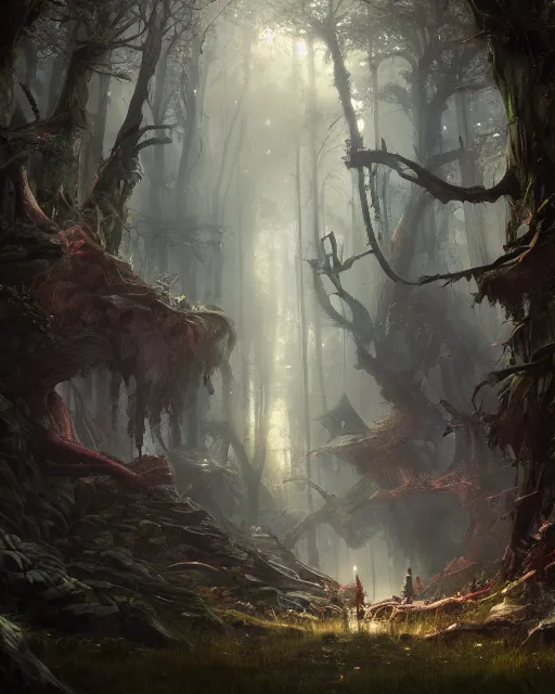 Image similar to An enchanted forest with fantastic beings, fantasy art, in the style of greg rutkowski, illustration, epic, fantasy, intricate, hyper detailed, artstation, concept art, smooth, sharp focus, ray tracing