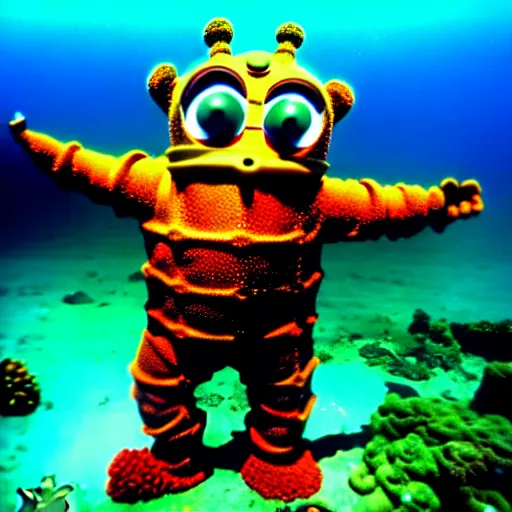 Image similar to rusted barnacle covered teletubby at the bottom of the ocean