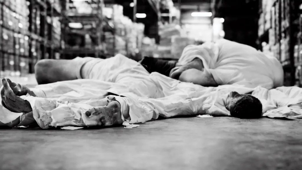 Prompt: film still of a wounded man in a white shirt laying in a warehouse next to a gun on the ground. moody, grainy, 4 k, high detail, aesthetic, good composition, anatomically correct, directed by quentin tarantino,