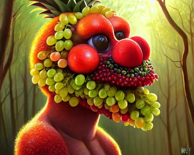 Image similar to a fruit monster made of different fruit, 3 7 1, walking around in forest, detailed mouth, detailed eyes, forest background, trees and flowers, trees in foreground, rays of golden sunlight, oil painting, highly detailed, dramatic lighting, hyperrealistic, smooth, artstation, cgsociety, by artgerm, by wlop