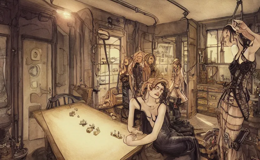 Prompt: women in the interior of a steampunk apartment, Milo Manara, night time, Margot Robbie, Scarlett Johanson, zoey Deschannel, smoking cigarettes, playing board games, highly detailed, pencil and watercolor, Tarantino movie posters, melancholy, level design, concept art, artstation, cgsociety, zenith view