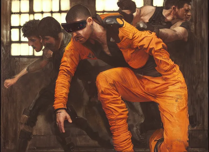 Image similar to Javier evades sgt Nash. Cyberpunk boxer in orange jumpsuit escaping menacing police troopers (blade runner 2049). attractive face. Epic painting by john william waterhouse and Edwin Longsden Long and Theodore Ralli and Nasreddine Dinet, oil on canvas. Cinematic, hyper realism, realistic proportions, dramatic lighting, high detail 4k