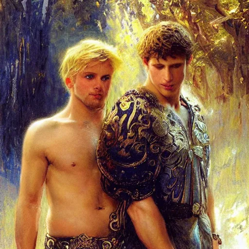 Image similar to attractive male, arthur pendragon who has blond hair confesses his love to attractive male, merlin who has dark hair. highly detailed painting by gaston bussiere, craig mullins, j. c. leyendecker 8 k