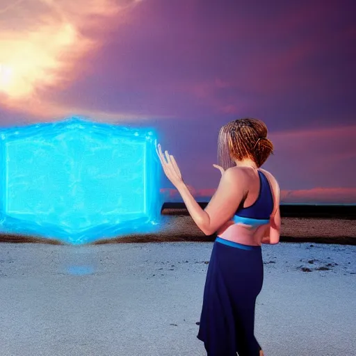 Image similar to a woman facing a blue interdimensional portal on the street, rip in spacetime beach at sunset, rutkowski, fantasy, rim lighting