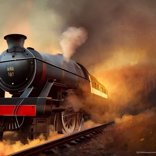 Image similar to the hogwarts express jacobite steam train, greg rutkowski, zabrocki, karlkka, jayison devadas, trending on artstation, 8 k, ultra wide angle, zenith view, pincushion lens effect