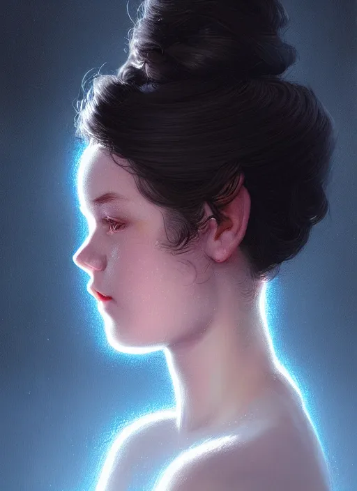 Image similar to portrait of teenage shannon purser, narrow face, black hair, half updo hairstyle, intricate, elegant, glowing lights, highly detailed, digital painting, artstation, concept art, smooth, sharp focus, illustration, art by wlop, mars ravelo and greg rutkowski