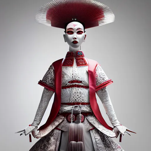 Prompt: zoomed out shot of a beautiful tall and feminine albino supermodel maiko samurai armor, photograph, award wining, red and white, trending on artstation, punk attitude, 4k, unreal engine 5, octane render, neon highlights, detailed, photo by steve meiele, annie lebovetz, david lachapelle