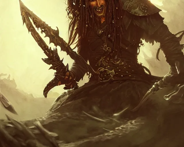 Image similar to an evil pirate from elden ring, fighting a monster, movement, deep focus, d & d, fantasy, intricate, elegant, highly detailed, digital painting, artstation, concept art, matte, sharp focus, illustration, hearthstone, art by artgerm and greg rutkowski and alphonse mucha