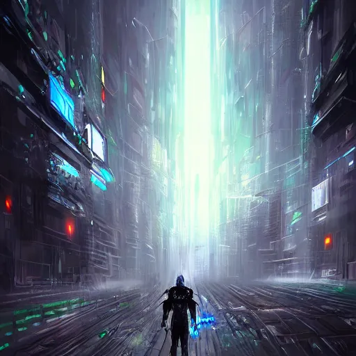 Image similar to Artificial Intelligence Singularity in the style of epic fantasy digital art and futuristic cyberpunk digital art