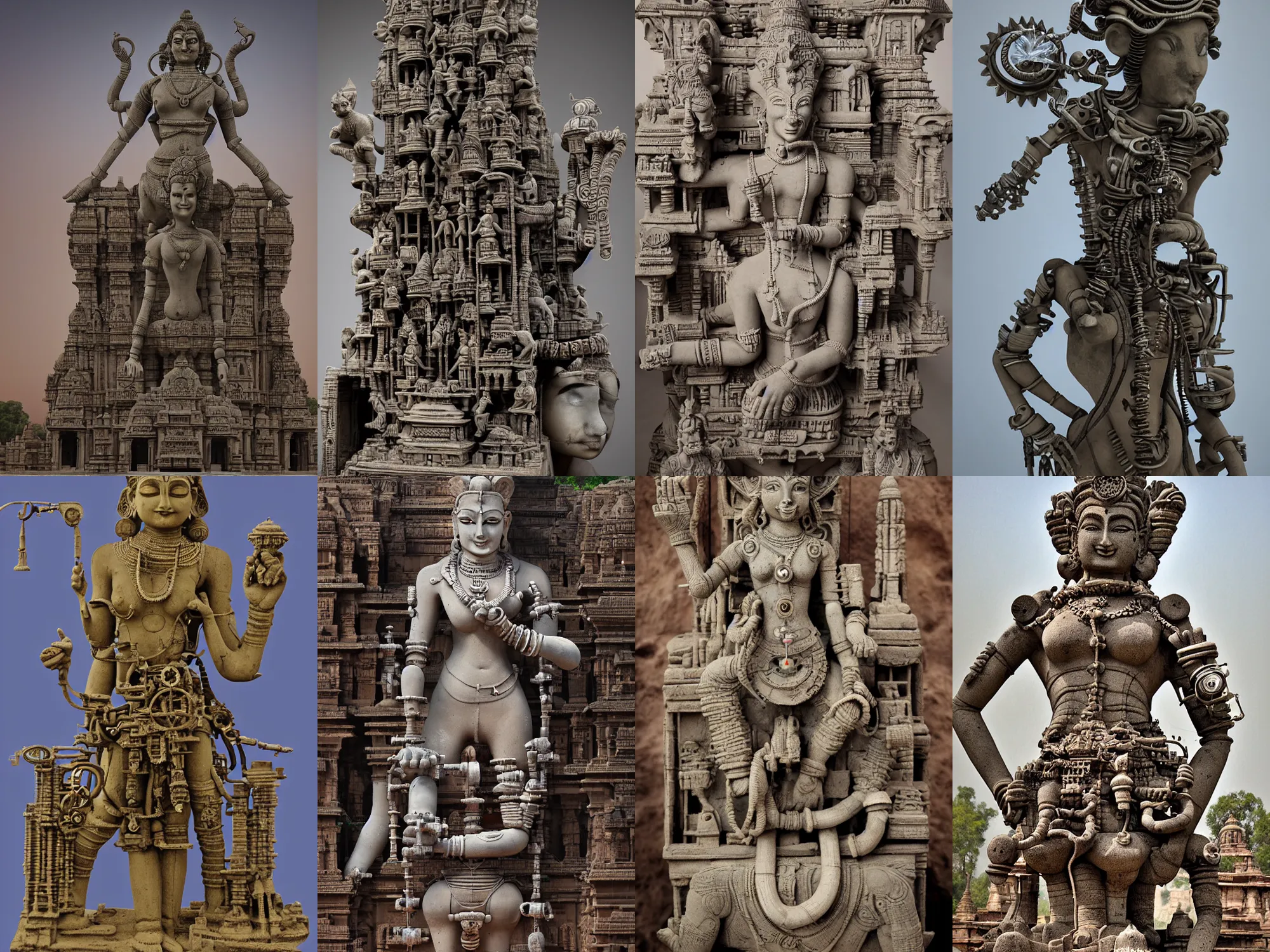 Prompt: epic sculpture at Khajuraho, steam, smoke, dust, rimlight, godes, made from electric condensators Shiva, veins, vibrant, xray, flat shaped chrome relief, fossil, MINIATURE CITY, mechanic bionic fungus flower cyberpunk cat mechabot, by david lachapelle, maze, tubes, joints, buttons, gears, relief by Goga Tandashvili, by jonas burgert, by Wayne Barlowe, cinematic