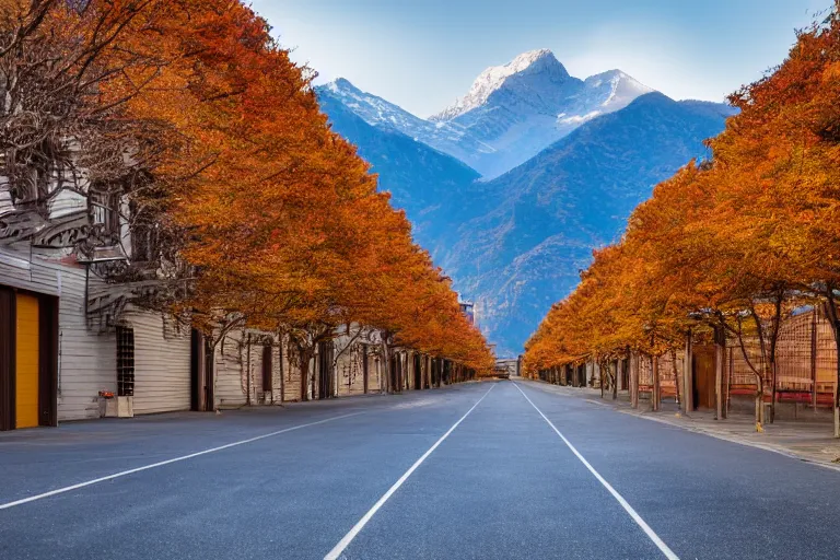 Image similar to warehouses lining a street, with an autumn mountain directly behind, lens compressed, photography