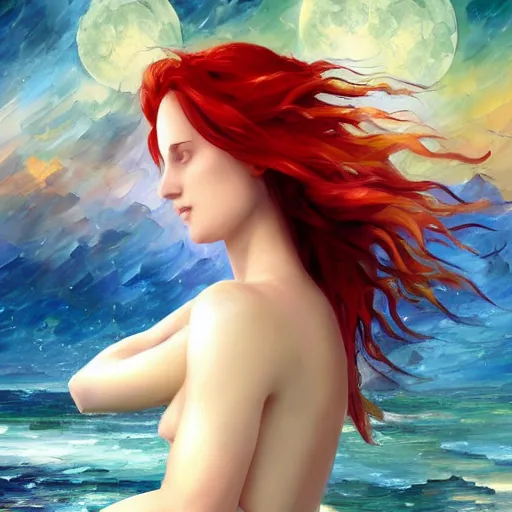 Prompt: redhead beautiful girl bathing in a river, night, moonlight, plus ultra cryengine render by android jones, james christensen, rob gonsalves, leonid afremov and tim white