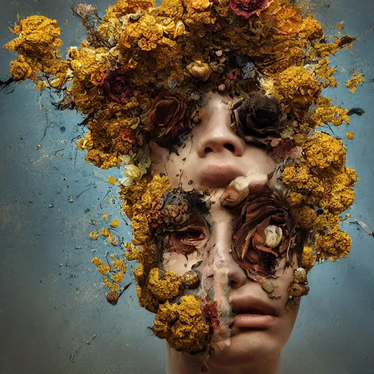 Image similar to A beautiful oil painting hyperrealism of a decayed black head, rotting black clay skin, gold flaked flowers, floral headdress, 8k resolution, octane render, Trending on artstation, by Gediminas Pranckevicius, volumetric light 2blue fractal Thunder glow by dan mumford, anaglyph effect, Laurie Lipton