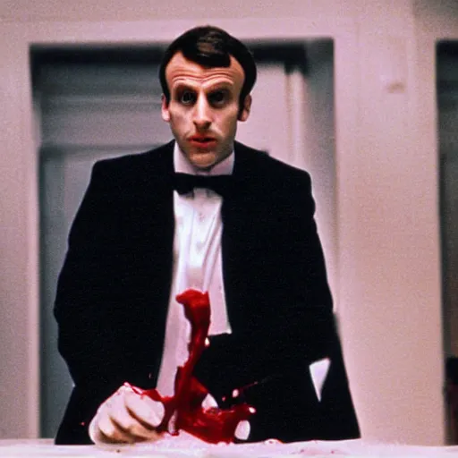 Image similar to Emmanuel Macron washing blood on the floor in American Psycho (1999)