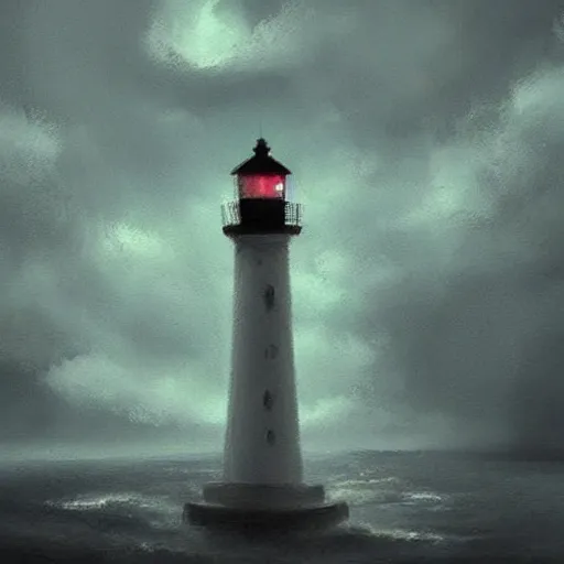 Prompt: beautiful impressionist mysterious digital painting about a scary light house glowing in the dark of a stormy night, trending on artstation, gloomy, moody, highly detailed