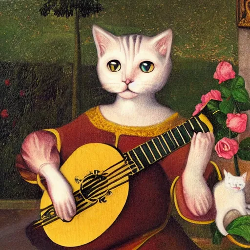 Prompt: cat with lute, sitting in the rose garden, medieval portrait, surrealism, close up