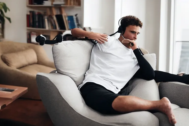 Prompt: a man that is deep in thought is wearing a white t - shirt and black sweat pants and wearing over the ear headphones is sitting in a brown leather reclining chair in a living room