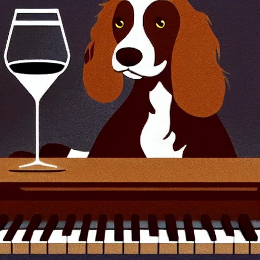 Image similar to a brown spaniel with a white chest playing a piano, Martini on the side. Artwork adult swim style, no text