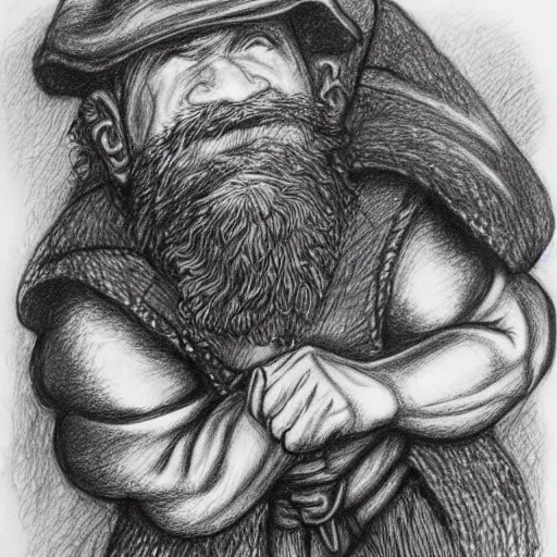 Image similar to dwarves miner digging through his nose looking for gold pencil drawing