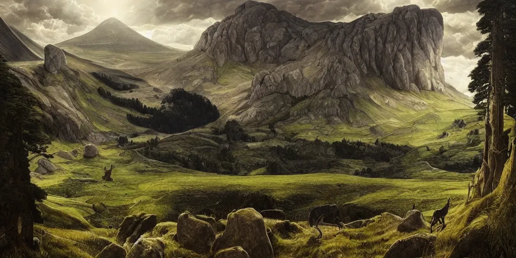 Image similar to Beautiful landscape of Aberdeenshire and Bennachie in the centre, physically accurate, dramatic dynamic lighting, intricate, elegant, highly detailed, digital painting, artstation, very hyperrealistic, Hieronymus Bosch, Tomas Sanchez, Renaissance, concept art, smooth, sharp focus, illustration, art by artgerm and greg rutkowski and alphonse mucha