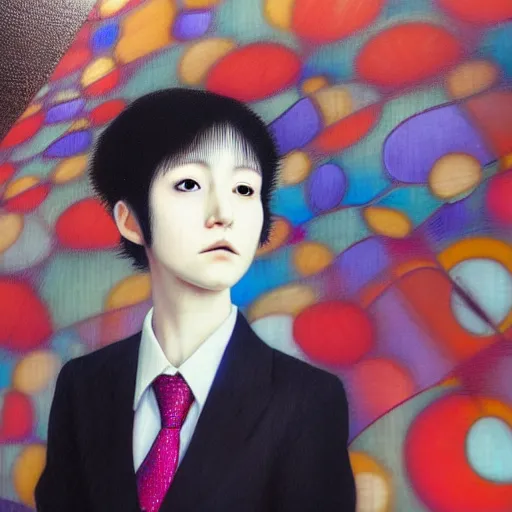 Image similar to yoshitaka amano blurred and dreamy realistic three quarter angle portrait of a young woman with short hair and black eyes wearing office suit with tie, junji ito abstract patterns in the background, satoshi kon anime, noisy film grain effect, highly detailed, renaissance oil painting, weird portrait angle, blurred lost edges