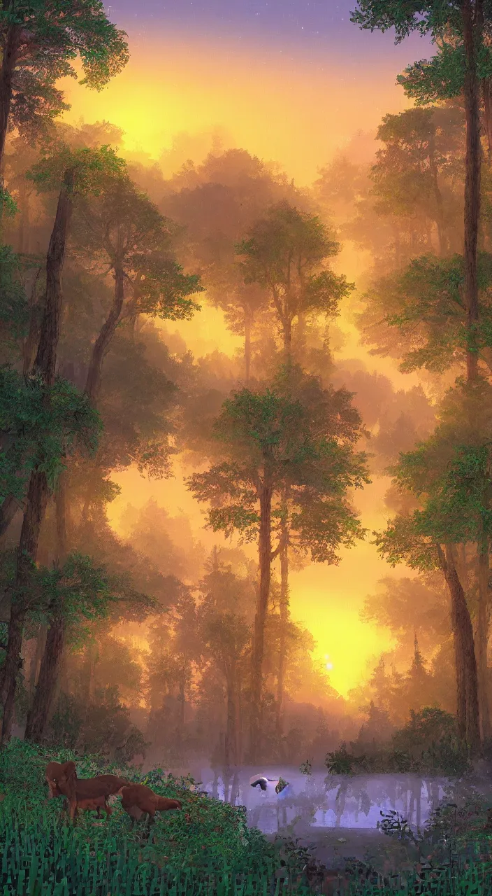 Prompt: a dreamy sunset in the forest with animals pixelart style, highly detailed, 8k