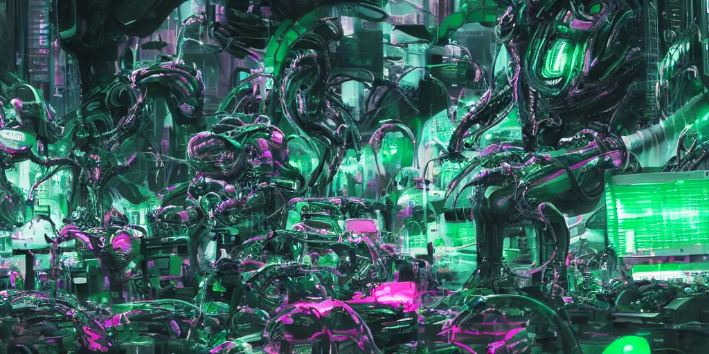 Prompt: a swarm of green sentinels hunting a giantic analogic synthsizer with a lot of button potenciometers and iron cables played by a antropomorphic pink elephant, futuristic, cyberpunk, biomechanical, xenomorphic, photorealistic, ultra detailed, 4 k, chomatic aberration, dof