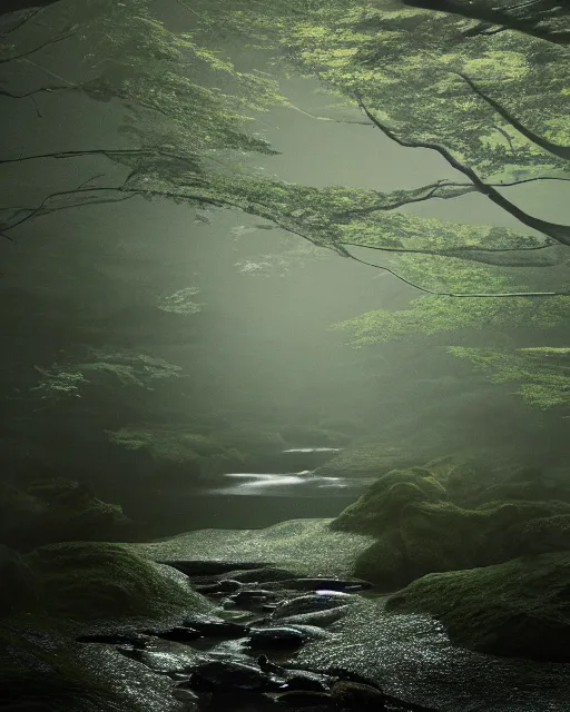 Prompt: a gently flowing stream in the middle of a japanese forest at night, dark and dim lighting, beautiful, tranquil, moody, cinematic, fantasy, 3 5 mm lens, volumetric lighting, first person view, photographic render, hyper realistic