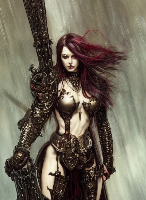 Image similar to portrait of beautiful pale gothic muscular maiden with sword, covered in blood, warhammer 40000, cyberpunk, intricate, elegant, highly detailed, digital painting, artstation, concept art, smooth, sharp focus, illustration, art by artgerm and greg rutkowski and alphonse mucha and Gustav Klimt and Ilya Kuvshinov