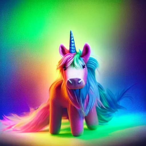 Image similar to full body pose, hyperrealistic photograph of a cute fuzzy rainbow unicorn, dim volumetric lighting, 8 k, octane beautifully detailed render, extremely hyper detailed, intricate, epic composition, cinematic lighting, masterpiece, trending on artstation, very very detailed, stunning, hdr, smooth, sharp focus, high resolution, award, winning photo, dslr, 5 0 mm