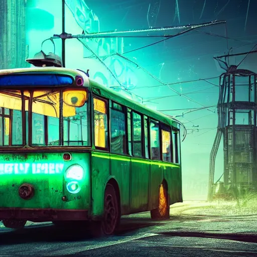 Image similar to an old shabby green trolleybus stands at a stop on the other planet, headlights shine with neon light, in the background in the distance the earth, atmospheric, futuristic, cyberpunk, 8 k resolution, ultra detailed