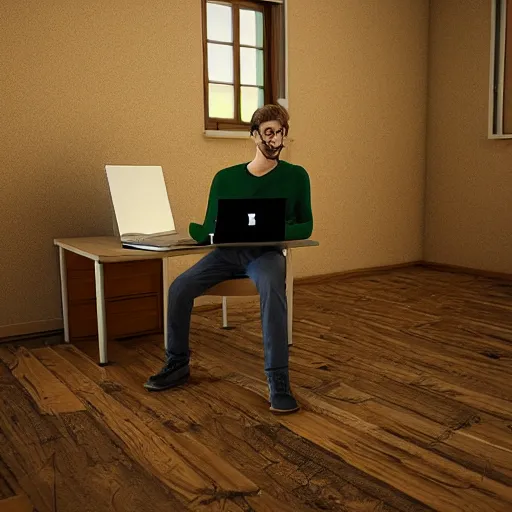 Prompt: software engineer sitting on a chair with a laptop after finding a bug that he spent several weeks debugging. highly detailed, 8 k.