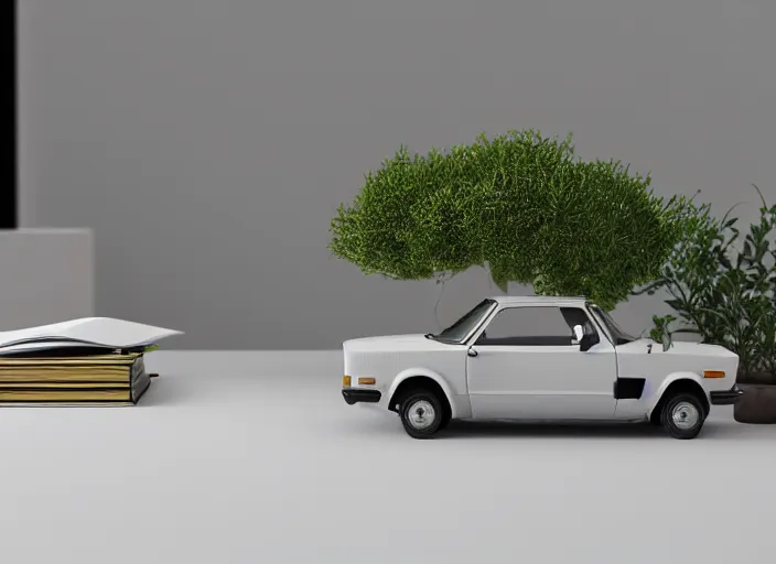 Prompt: a small miniature of a Ford Cortina 1980 on a white table near a book and a vase with a plant, 3d render, octane render, unreal engine 5, path tracing, serene landscape, calm, relaxing, beautiful landscape, highly detailed, high quality, 4k, symmetrical, low contrast