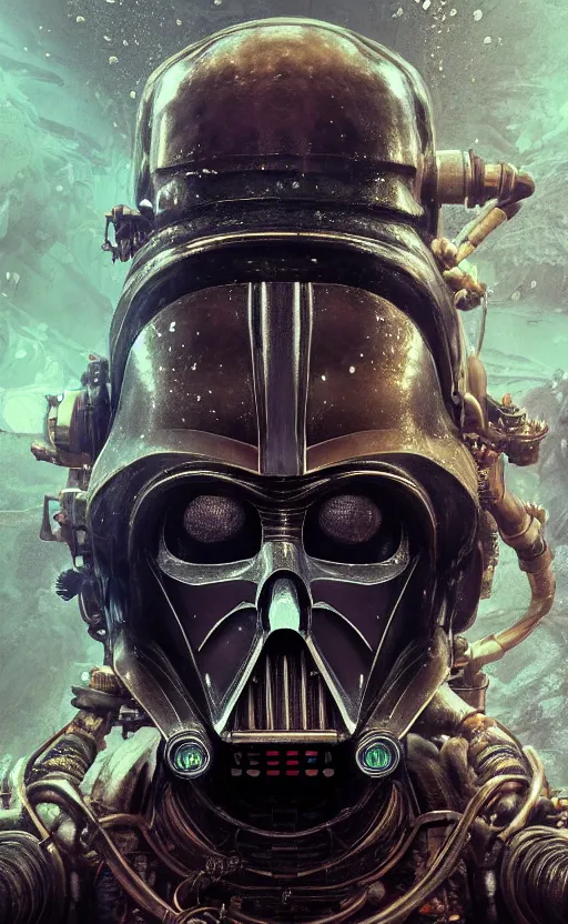 Image similar to underwater steampunk biopunk portrait of darth vader, au naturel, hyper detailed, digital art, trending in artstation, cinematic lighting, studio quality, smooth render, unreal engine 5 rendered, octane rendered, art style by klimt and nixeu and ian sprigger and wlop and krenz cushart.