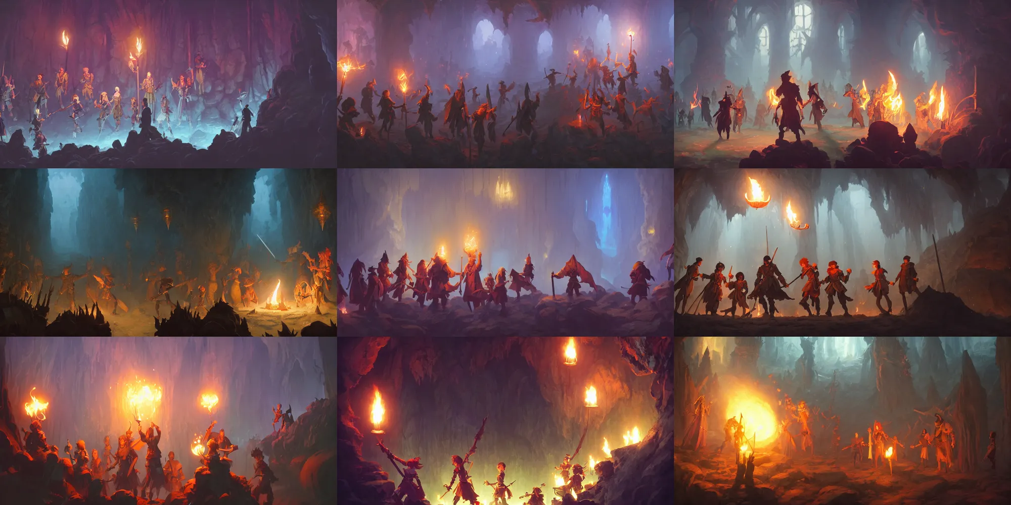 Prompt: group of dnd characters with torches sneak through the fantasy dungeon, particles, perspective, wide camera, shiny, Studio Ghibli, animated, illustrated, vibrant, by Greg Rutkowski and Ilya Kuvshinov, artstation, oil painting, detailed, 4k, colorfull