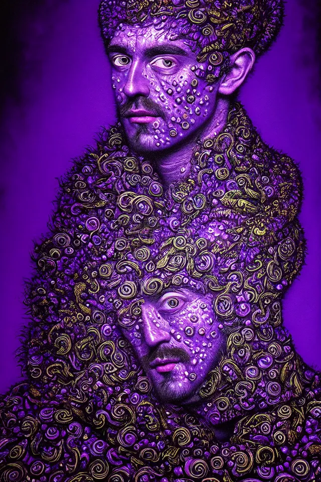 Image similar to bizarre purple blacklight detailed renaissance portrait of cookie monster as a highly detailed realistic real life person, dramatic cinematic lighting, 8 k, beautiful intricate painting by james r eads, modigliani and tomasz alen kopera