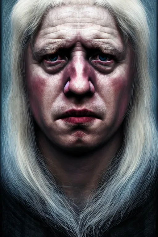 Image similar to perfectly - centered horror portrait - photograph of boris johnson as daenarys targaryen real life portrait by beksinski and jean delville, unreal engine 5, photorealism, hd quality, 8 k resolution, cinema 4 d, hdr dramatic cinematic lighting