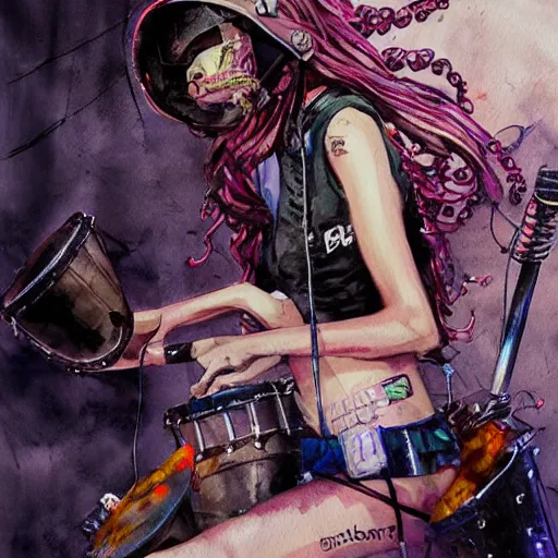 Prompt: Octopus girl playing R&R drum kit in the spotlight with rock band concert, cyberpunk, realistic, detailed, Industrial Scifi, paint, watercolor, in the style of Ashley Wood and Wadim Kashin