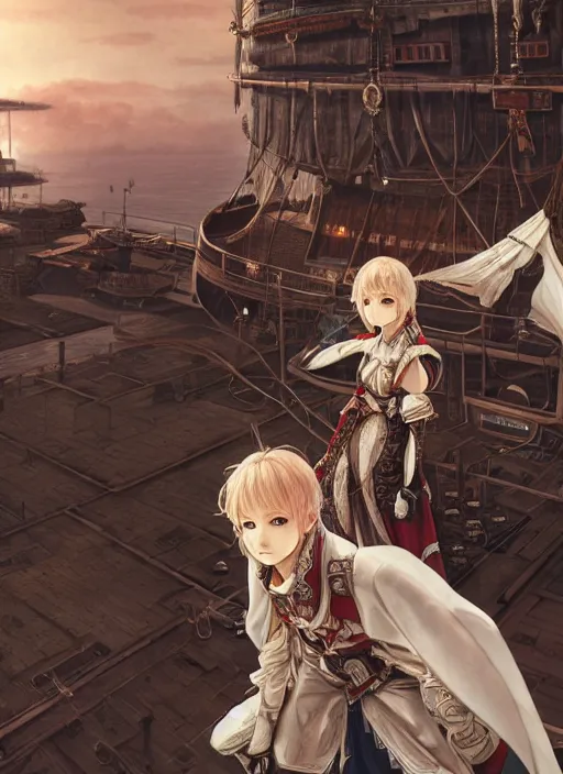 Image similar to character portrait of the white herald on the deck of an imperial airship in the sky, hidari, color page, tankoban, 4K, tone mapping, Akihiko Yoshida.