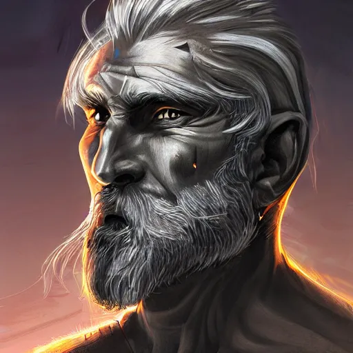 Prompt: illuminated portrait of an old warrior, black armor, greatsword, grey hair, scars, digital illustration, high fantasy, detailed face, colorful, frank frazetta, sharp focus